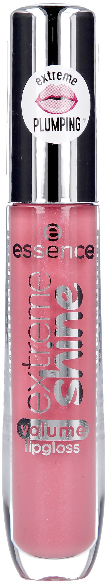 Läppglans i rosa i en genomskinlig tub med silverlock med texten 'Extreme Shine' och 'Plumping'.