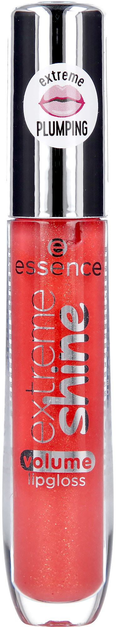 Ett läppglans med silverlock och orangefärgad gloss, märkt "essence extreme shine volume lip gloss."