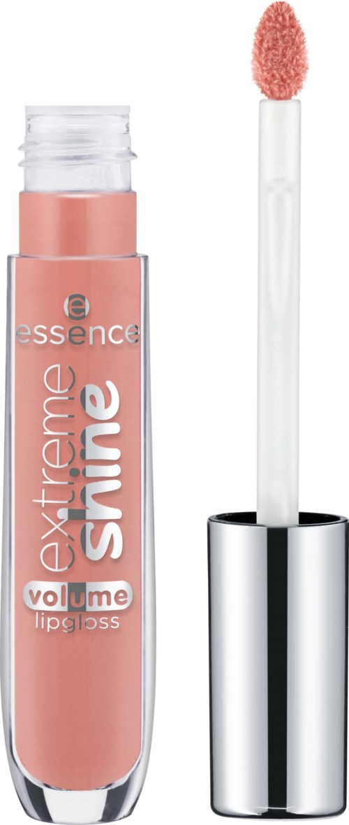 Läppglans i rör, med applicator som visar rosa gloss, märkt 'extreme shine' och 'volume lip gloss'.