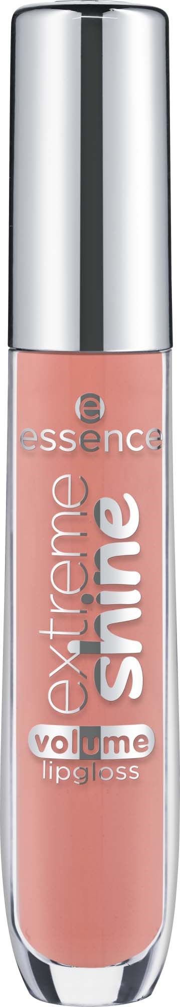 Ett läppglansrör med silverlock, märkt 'essence extreme shine volume lip gloss' i rosa och vitt.