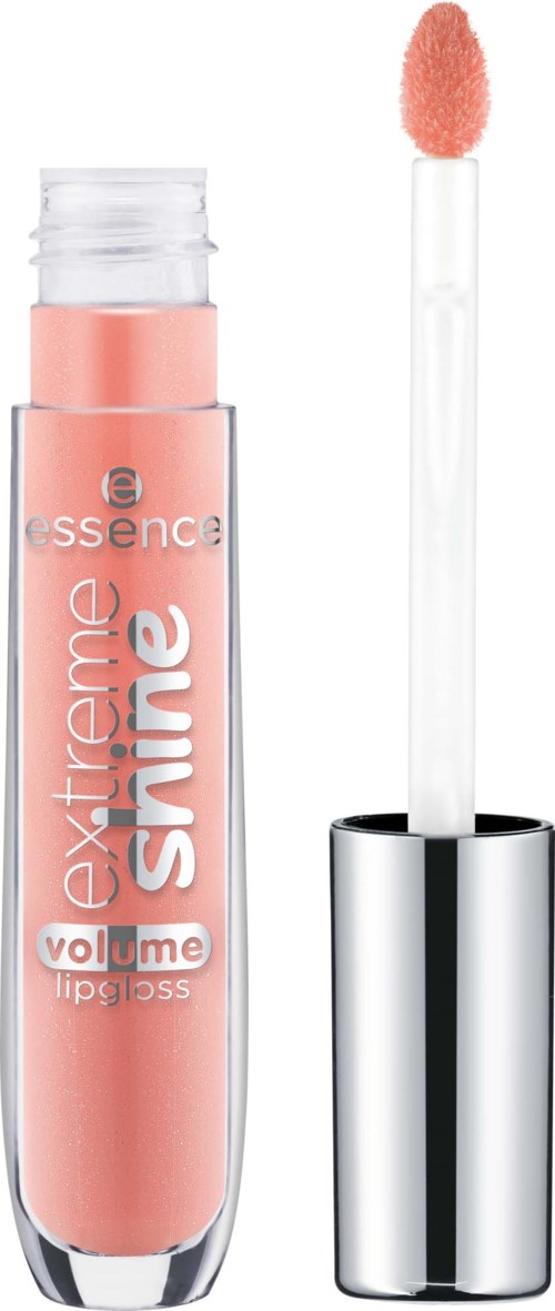 Lipglansrör med applikator, märkt 'extreme shine volume lip gloss' i rosa och vitt.