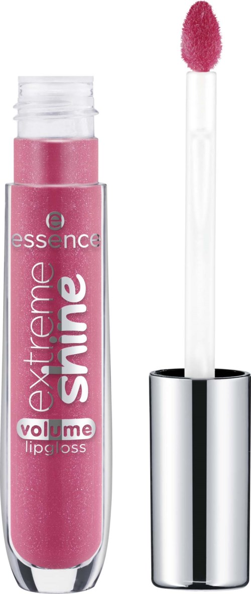 Rosa läppglansrör med applikatorstift bredvid, märkt 'extreme shine' och 'volume' i vitt och rosa text.