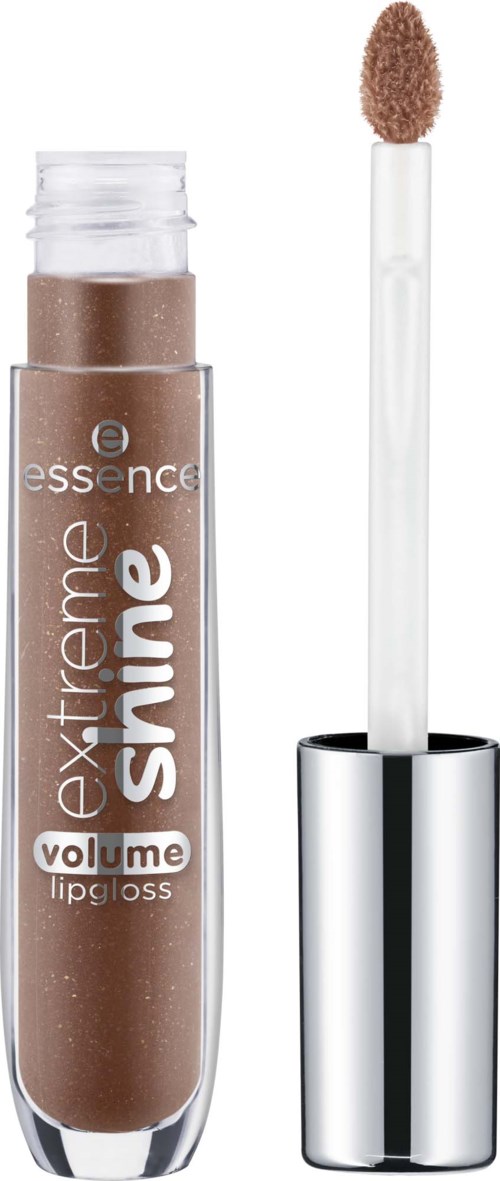 Lip gloss with a brush applicator, labeled extreme shine and volume, in a clear tube showing brown color.