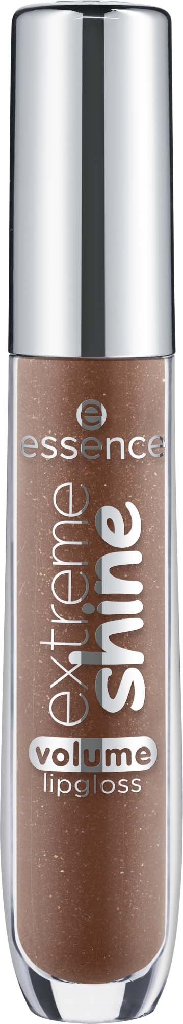 A lip gloss tube with a silver cap, brown color, and white text saying 'extreme shine volume lip gloss.'