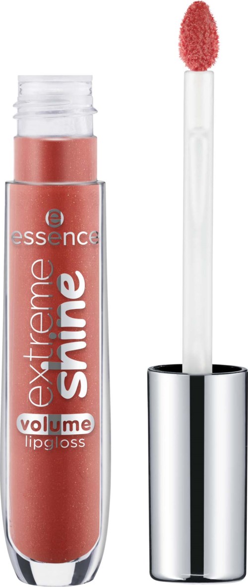 En läppglansflaska med en rosa applikator och silverlock, märkt 'essence extreme shine volume lip gloss.'
