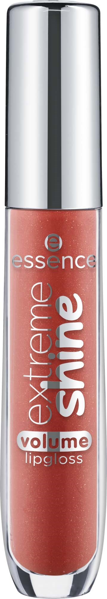 En läppglansflaska märkt 'essence extreme shine volume lip gloss' med ett silverlock.