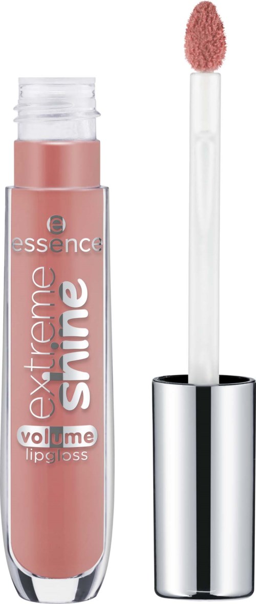 Pink lip gloss with a silver cap and a doe-foot applicator. The brand name is Essence. It is labeled for volume and extreme shine.