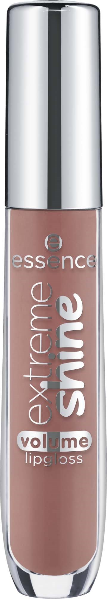 A lip gloss in a clear tube with a shiny silver cap, labeled as Essence Extreme Shine volumizing.