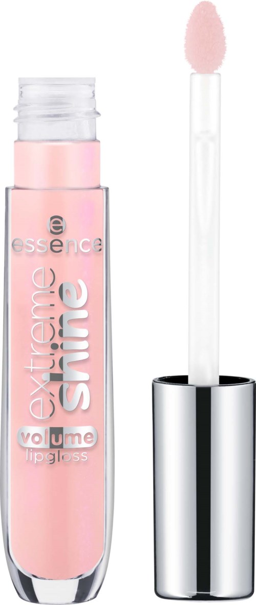 A pink lip gloss in a clear tube with a silver cap, partially open showing the applicator with gloss.