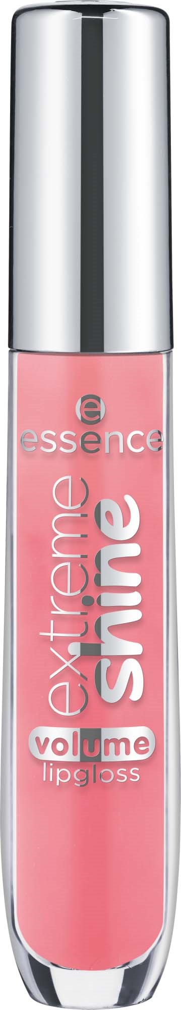 A pink lip gloss tube with a silver cap and white and pink text on it.