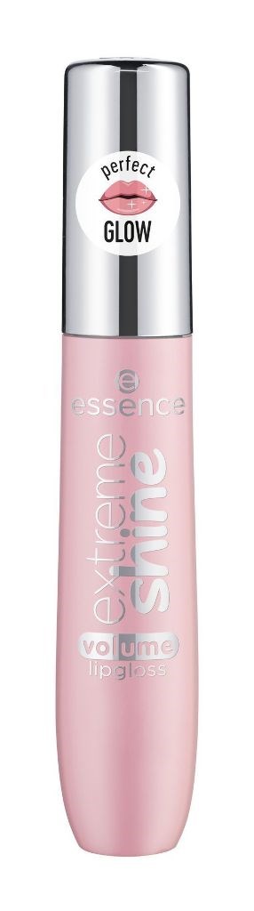 Pink läppglanstub med silverlock, märkt 'essence extreme shine' och 'perfect glow'.