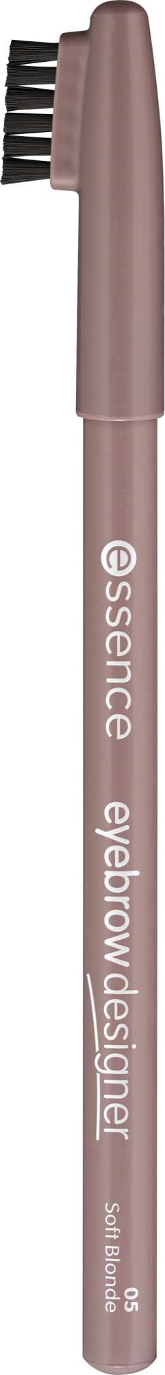 En rosa eyelinerpenna med en svart borste inuti ett lock, märkt 'essence eyebrow designer' och 'sal. ultrabrow'