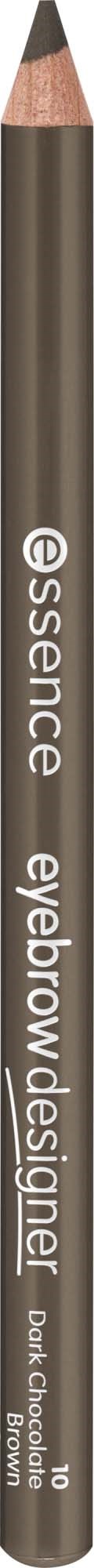 A brown wooden pencil with white text saying esscience eyebrow designer and 10 on it.