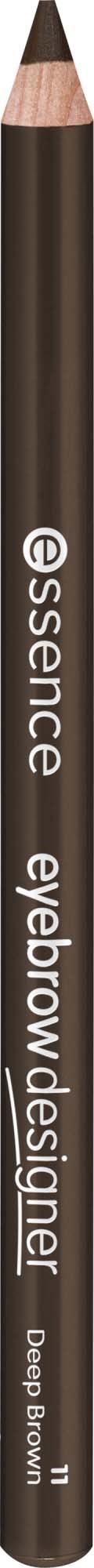 A brown makeup pencil labeled essence eyebrow designer with a sharpened tip.