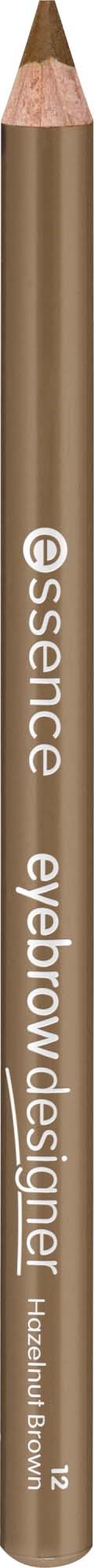 An eyebrow pencil in brown color with the words "essence eyebrow designer" written on it.