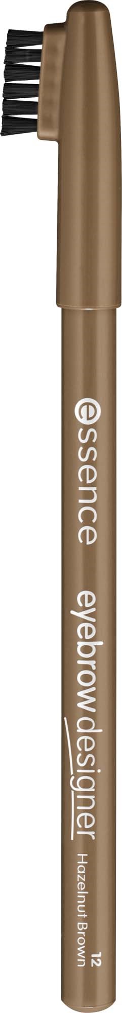A beige eyebrow pencil with a black brush on one end, labeled Essence Eyebrow Designer.