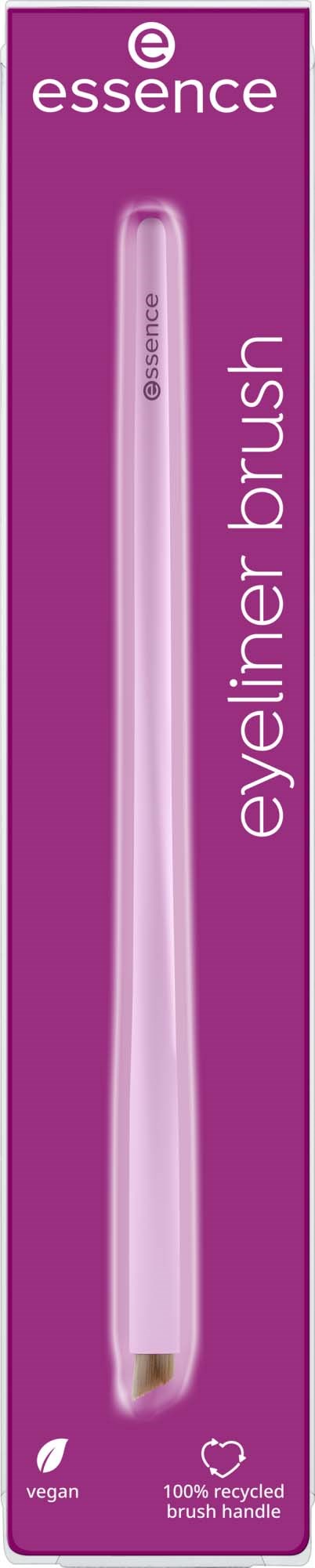 Roze verpakking voor Essence eyelinerborstel met vegan en gerecycled handvat.symbolen.