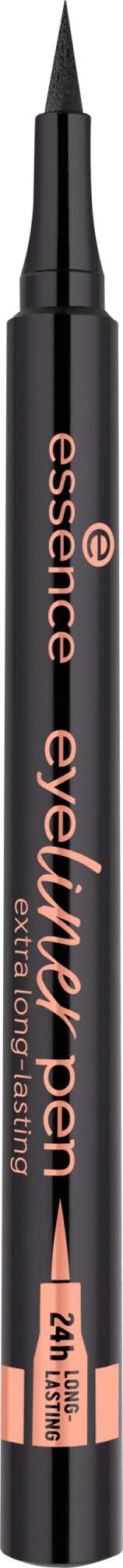 En svart sminkpenna med en tunn spets, märkt essence eye liner pen, för att applicera eyeliner.