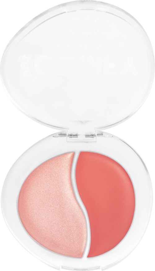 Een compact met twee halve maanvormige make-up secties, een roze en een koraal, gescheiden door een witte scheidingslijn.