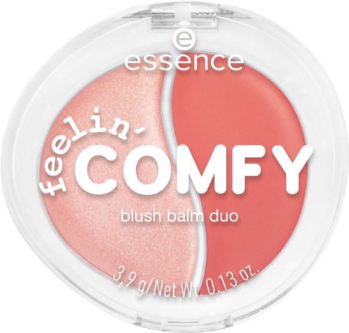 Een ronde blush-sets met twee tinten, gelabeld 'Feelin' COMFY' en 'essence' in een doorzichtige container.