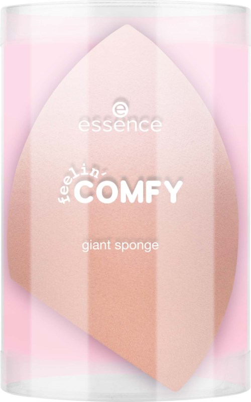 Roze en beige spons in doorzichtige container, gelabeld 'essence feel comfy giant sponge'.