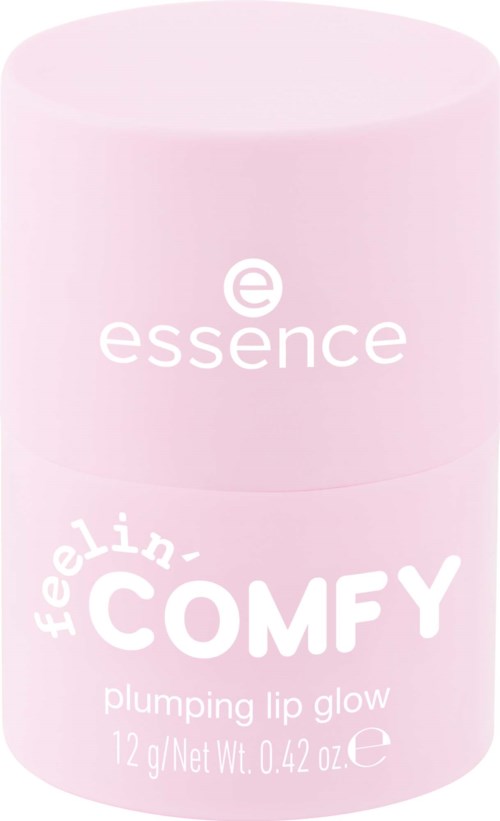 Vaaleanpinkki purkki, jossa on valkoinen teksti, mainostaen huulikiiltoa nimeltä "Feelin'-COMFY" by Essence.