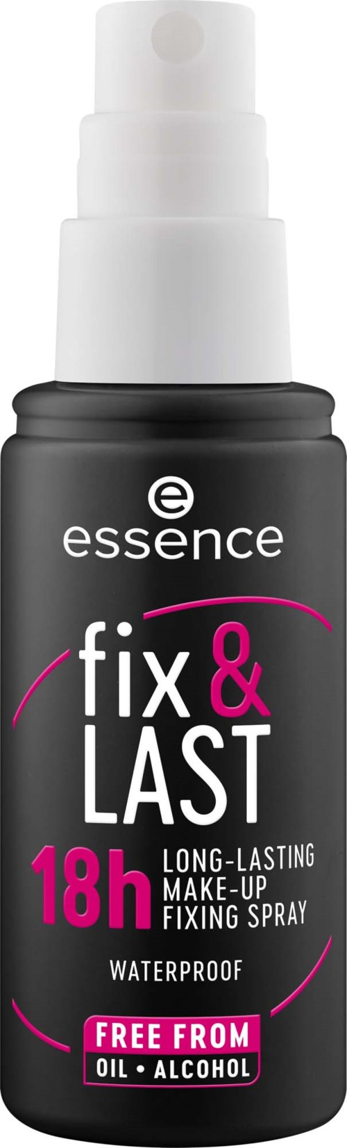 Musta pullo, jossa valkoinen suihkupää, merkinnät essence fix and last, pitkäkestoinen meikkisuihke, vesitiivis, ei sisällä öljyä tai alkoholia.