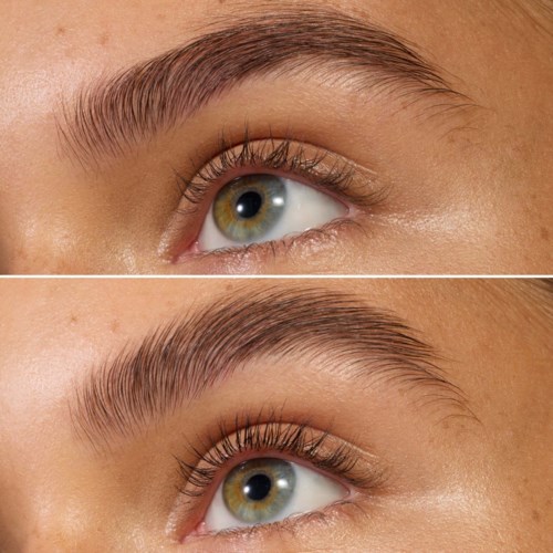 Twee close-up beelden van iemands oog met goed verzorgde wenkbrauwen en lange wimpers.