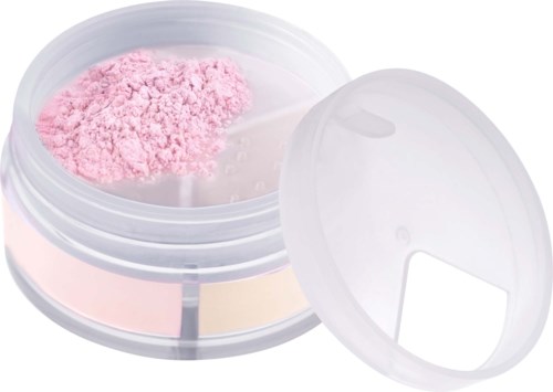 Pink powder in a round, transparent container with a white lid.