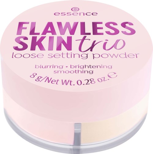 A pink round container labeled Flawless Skin Trio loose setting powder for blurring, brightening, and smoothing.