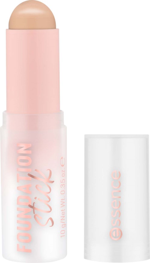 Ein beige Make-up-Stick mit einem pinken und weißen Gehäuse, markiert FOUNTATION Stick von Essence.