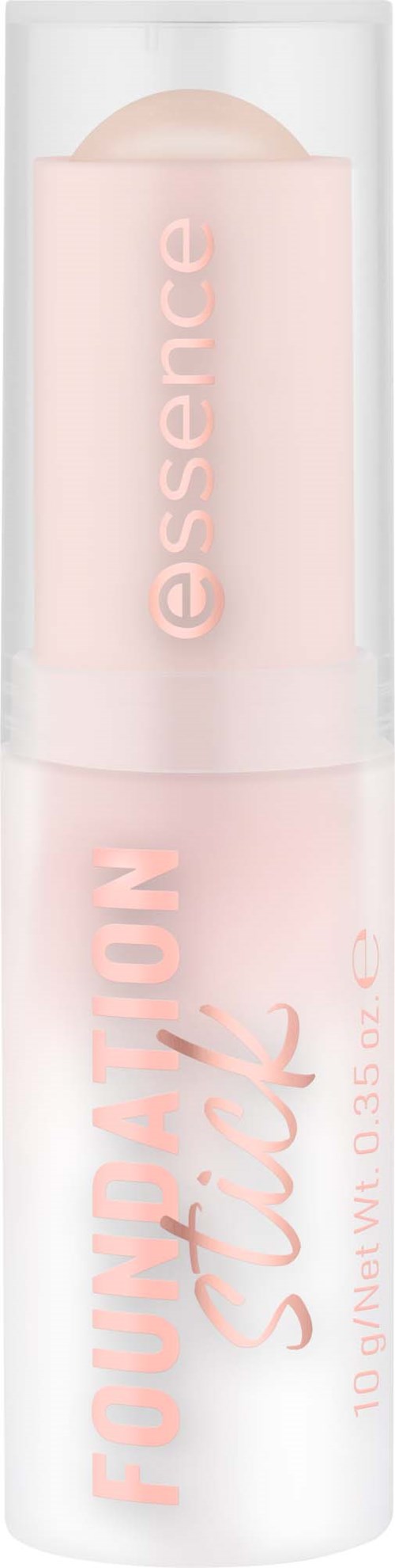 Ein rosafarbener Lippenstift in einem transparenten Röhrchen mit den Worten 'FOUNDATION stick' und 'essence'.