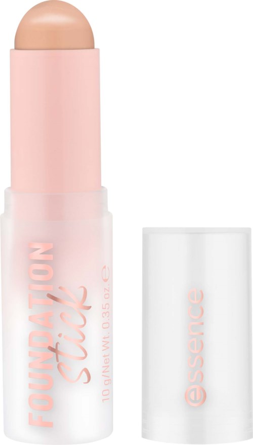 Ein beige Stick mit rosa Schrift 'FLOURISH' und einem weißen Deckel mit rosa 'essence'-Schrift.