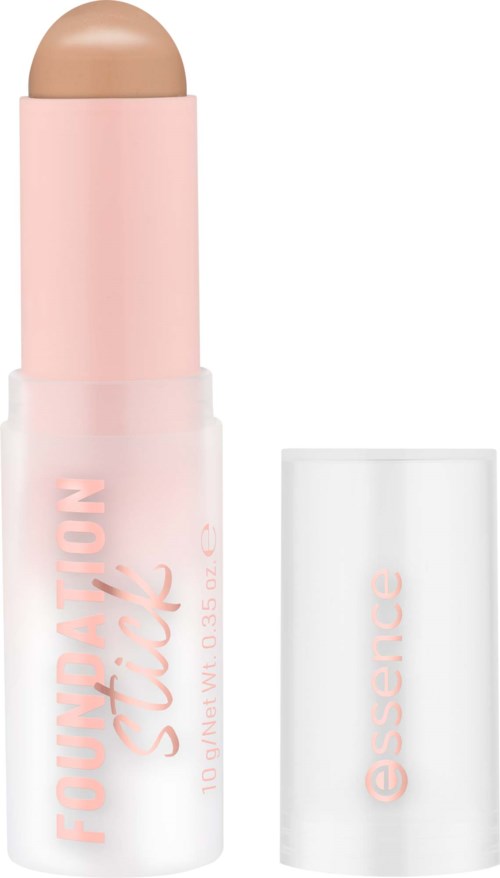 Ein beige Foundation-Stick in einem pinken und weißen Behälter mit Essence-Aufschrift.