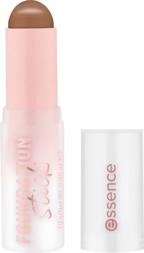 Ein beiger Lippenstift mit pinkem Körper und weißem Deckel mit essence. Der Deckel ist abgenommen, zeigt den Lippenstift.