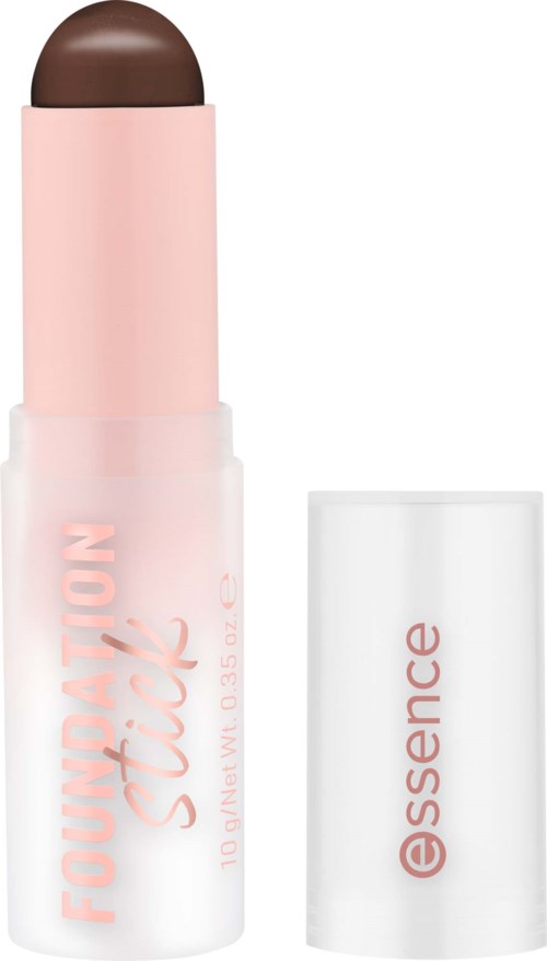 A pink and brown lipstick tube with a cap labeled 'essence' and words 'FOUCHTION stick' on the side.
