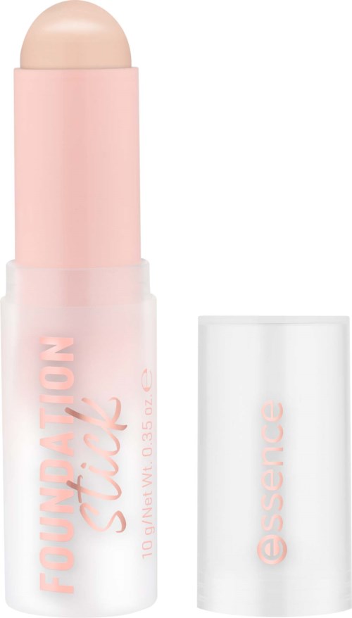 Ein rosa-weißes Stiftprodukt mit Bezeichnung FOUNDRY STICK und Essence, mit abgenehmen Cap, um die abgerundete Spitze zu zeigen.