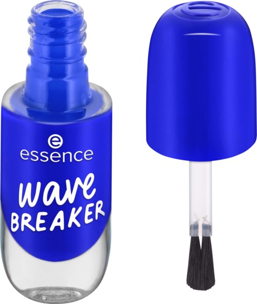 En blå nagellackflaska märkt "Wave Breaker" med locket borttaget, visar penseln inuti.