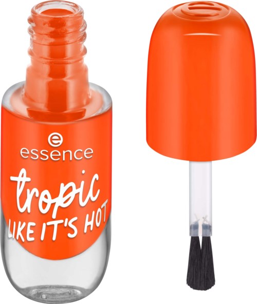 Nail polish bottle with an orange cap, label says "Tropic Like It's Hot".