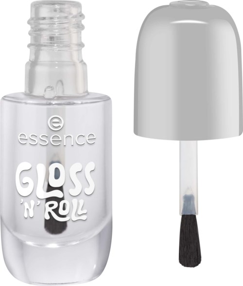 A clear nail polish bottle with a white cap and a black brush attached inside the cap.