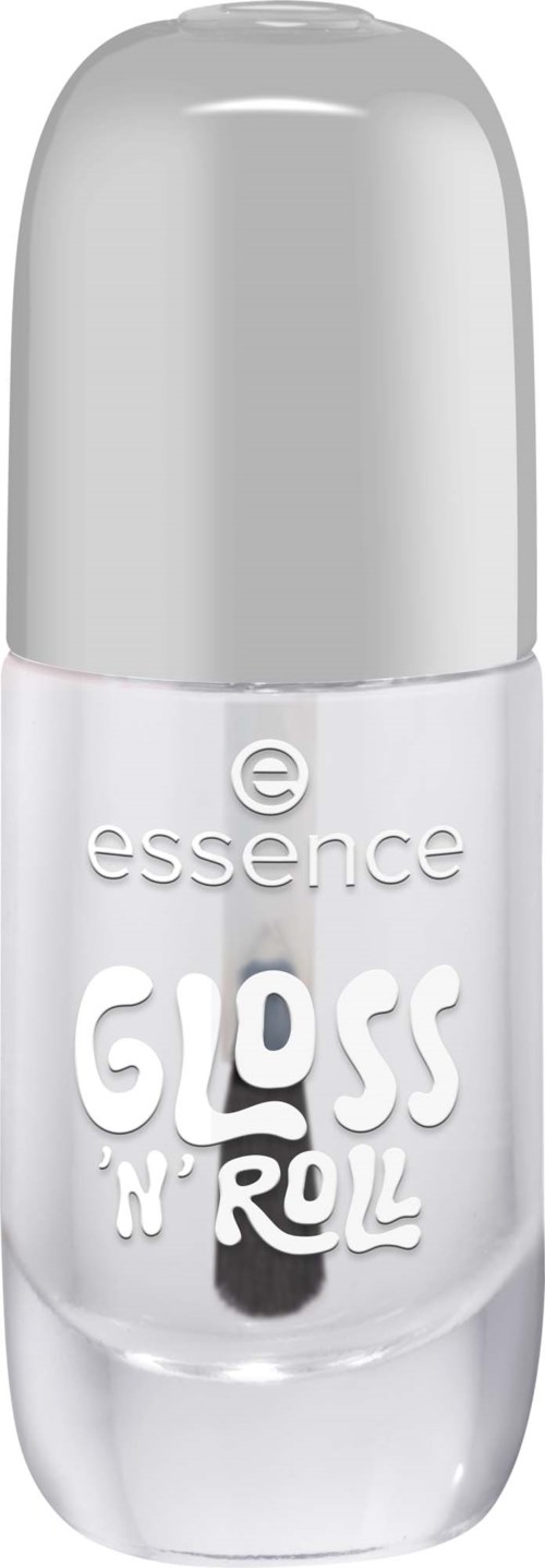 A white bottle of Essence Gloss N' Roll lip gloss with a silver cap.