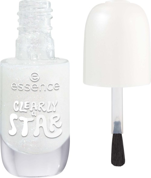 A clear nail polish bottle with a white cap and brush inside. The bottle has the words Clear and Star.