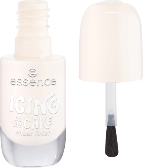 A white nail polish bottle labeled Icing on the Cake with a brush applicator beside it.