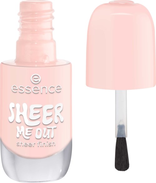 Pink nail polish bottle with an attached brush and a cap, labeled Sheer Me Out. The cap is pink.