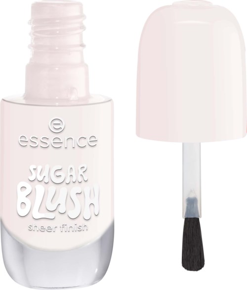 A white nail polish bottle with a brush attached, labeled Essence Sugar Blush Sheer Finish.