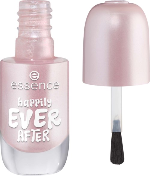 Pink nail polish bottle with a cap and brush, labeled Happily Ever After by Essence.