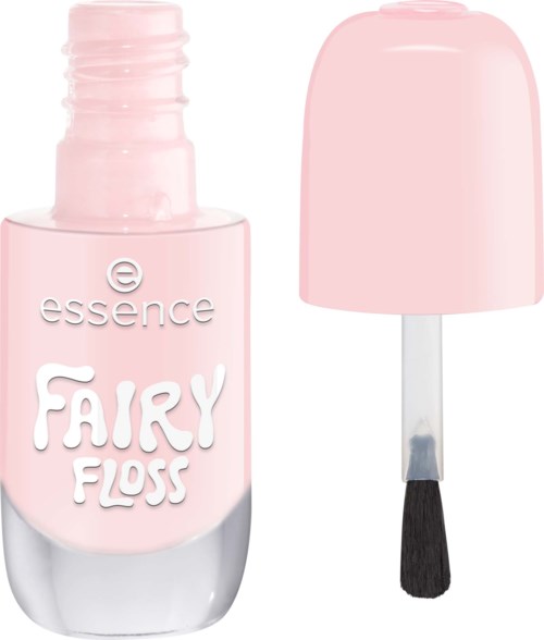 Pink nail polish bottle with a cap and brush, labeled Fairy Floss from Essence brand.