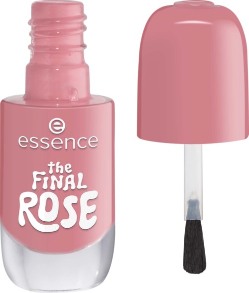 Pink nail polish bottle with a cap and brush, labeled The Final Rose by essence.