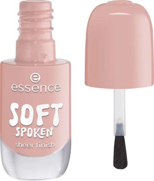 A pink nail polish bottle with a separate cap and brush. The bottle has text and a simple design.