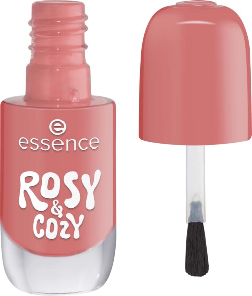 Pink nail polish bottle with a cap and brush. Label says essence ROSY & COZY.